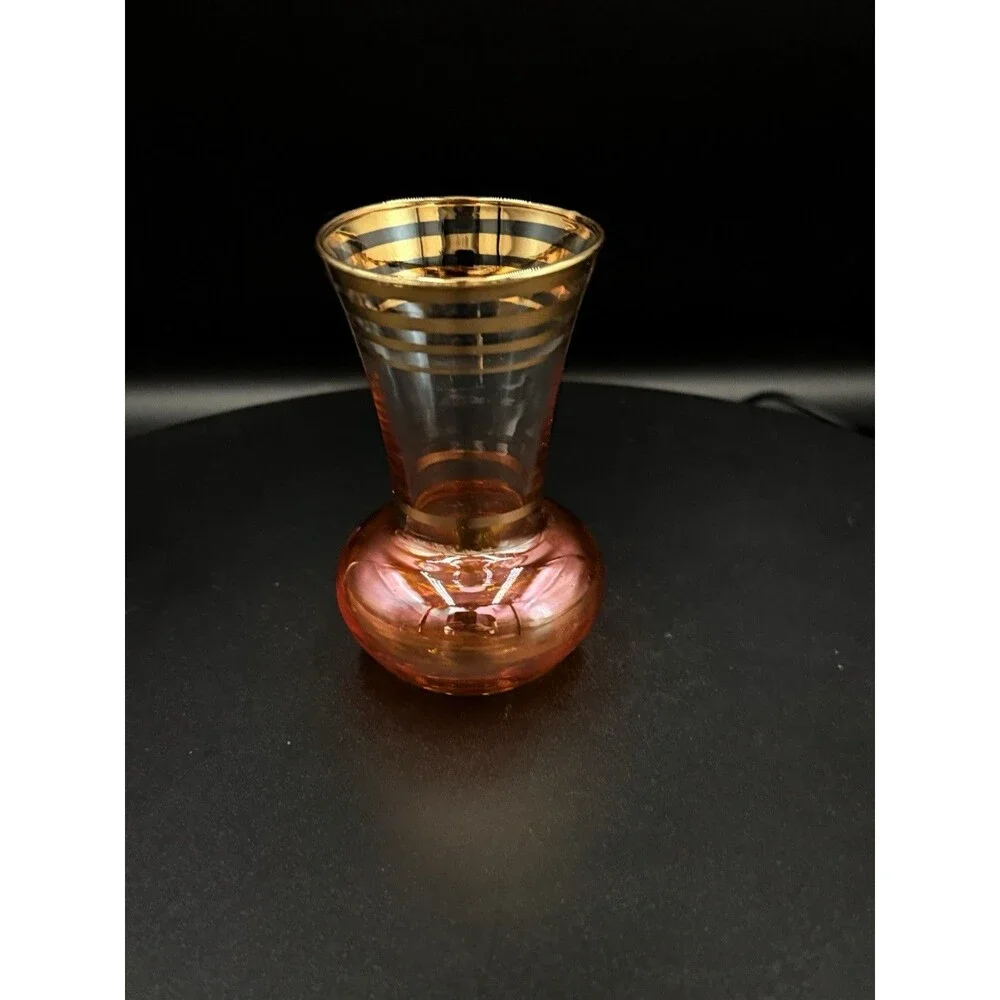 Pair Of Vintage Aperitif Luster Glass Vases Amber & Cranberry with Gold Trim MCM